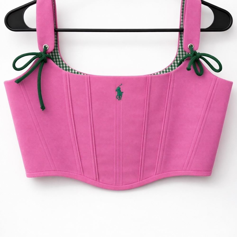 Ralph Lauren custom made Hot Pink Corset Crop Top with Green Tie Details